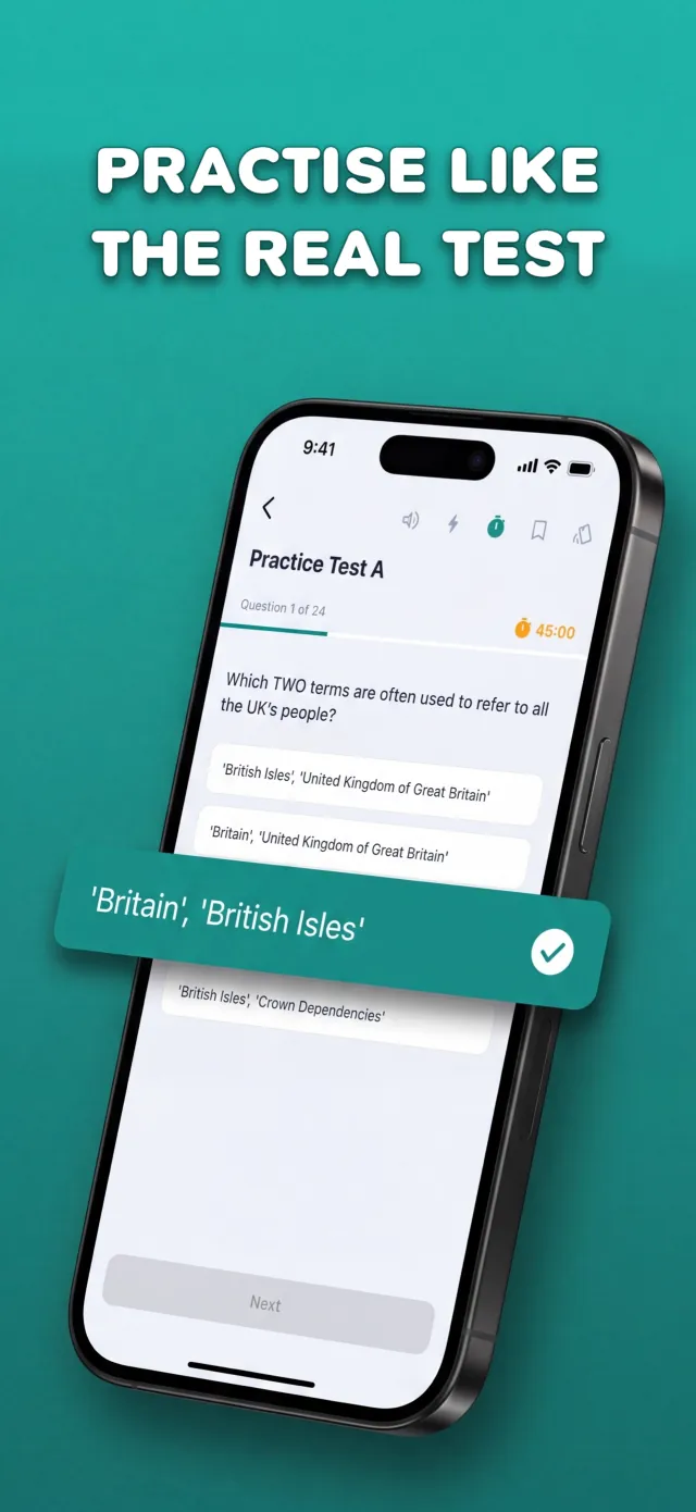 Life in the UK Test mock exam screen with question 1 of 24, a 45-minute countdown timer and instant feedback mode switched on