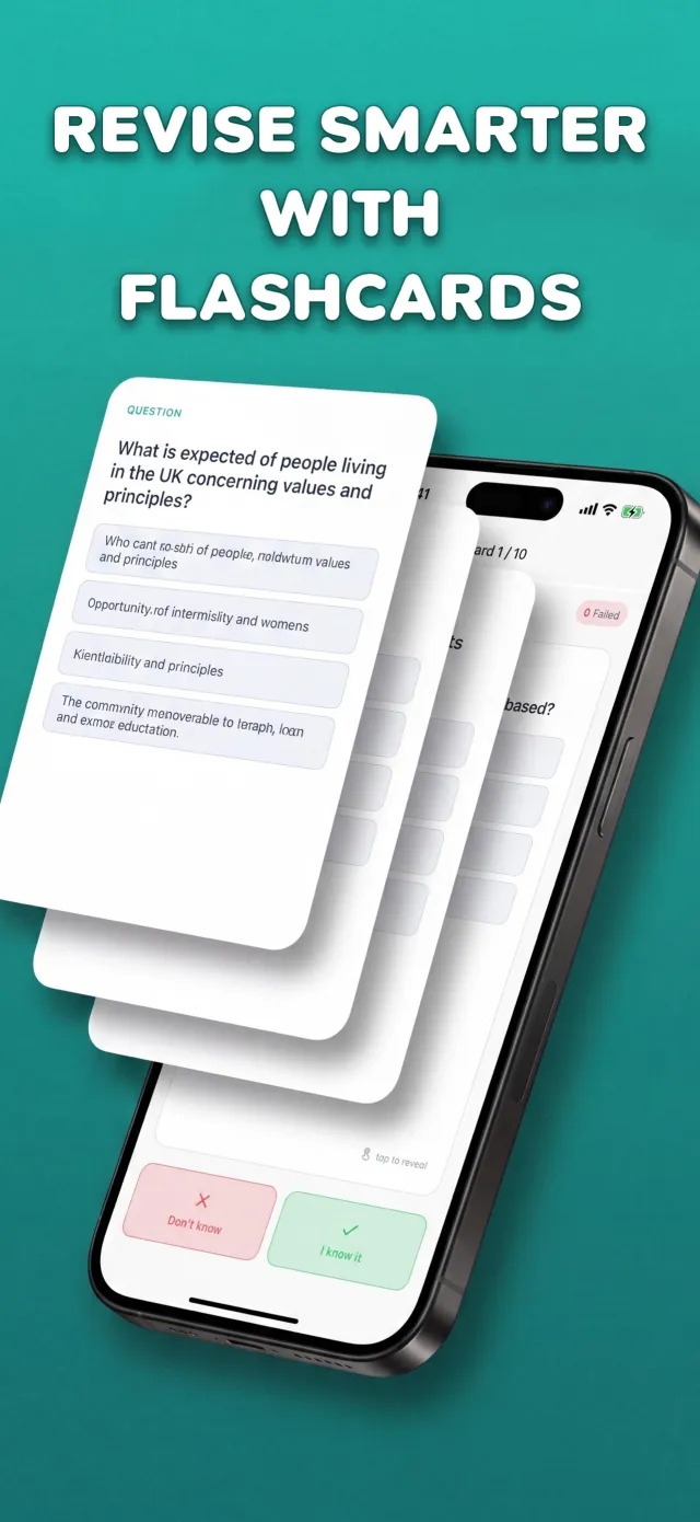 Life in the UK Test smart flashcards: a question card with Don't know and I know it swipe buttons