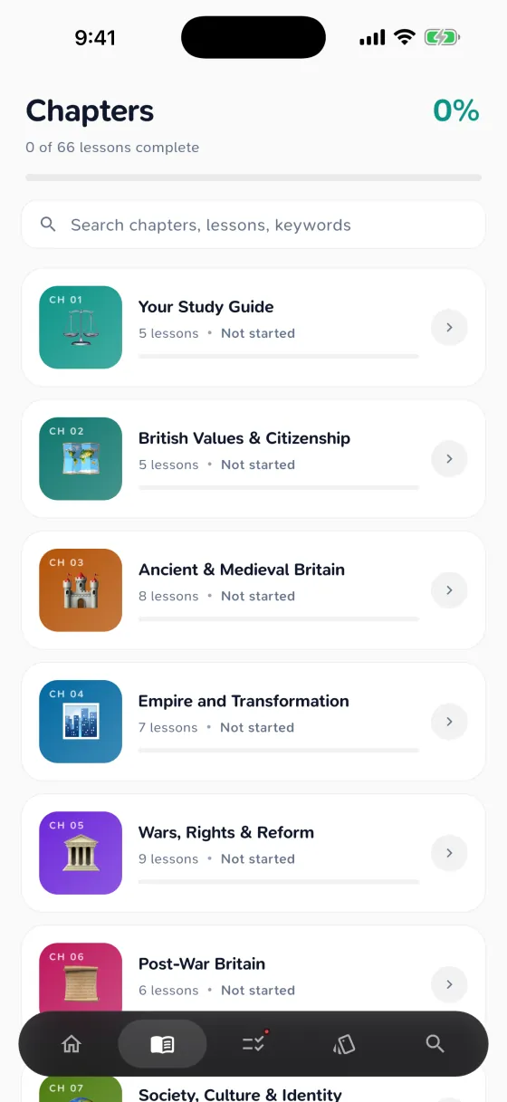 Life in the UK Test app chapter list with the 10 official handbook chapters and 66 lessons