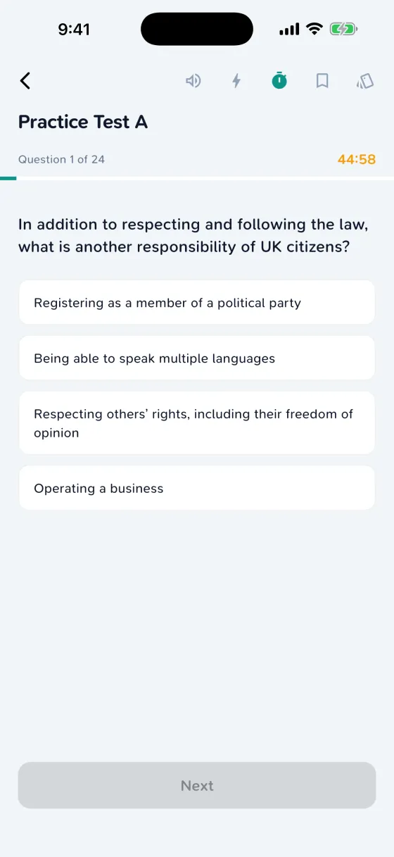 Life in the UK mock test screen with 24 questions and a 45-minute timer